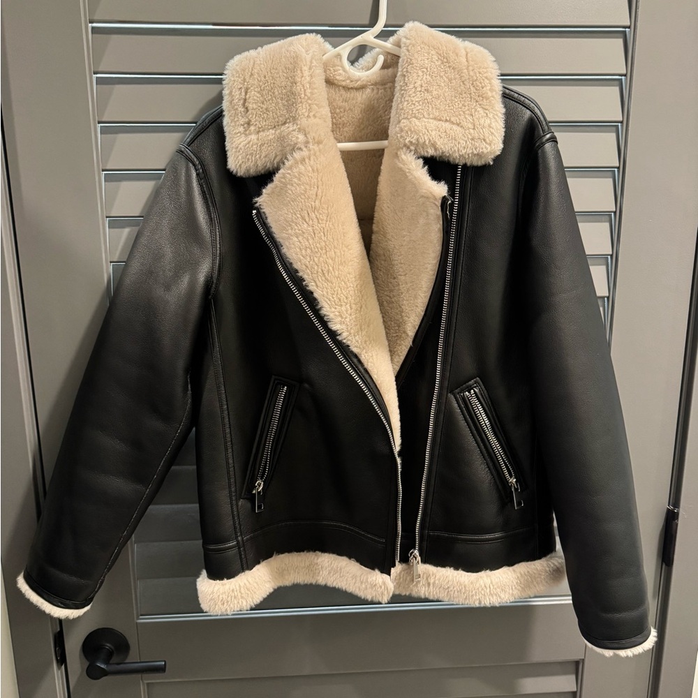Mango Faux Leather Sherpa Aviator Jacket Black & Cream Size XS